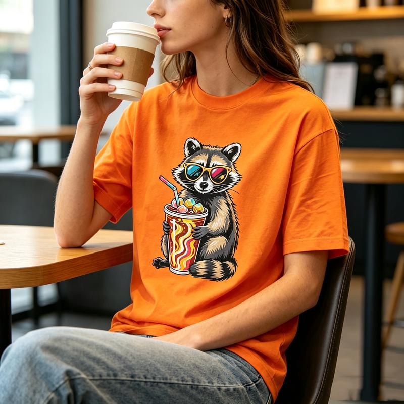 American Cartoon Pop Art Cool Raccoon Sunglasses Iced Coffee Graphic Crew Neck T Shirt Unisex Unisex Unisex Cotton Short Sleeve Top
