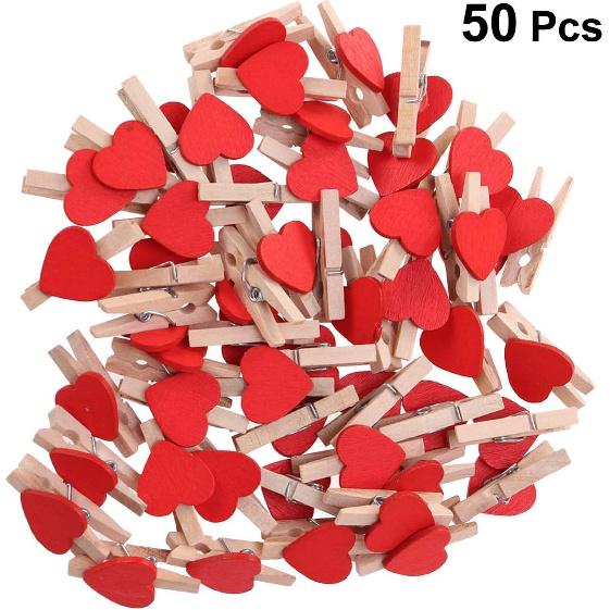 Kisangel 50pcs Mini Heart- Shaped Wooden Clips DIY Craft Clips Photo Paper Pegs for Photos Cards Paintings Scrapbookings Wedding Valentines Day Decor