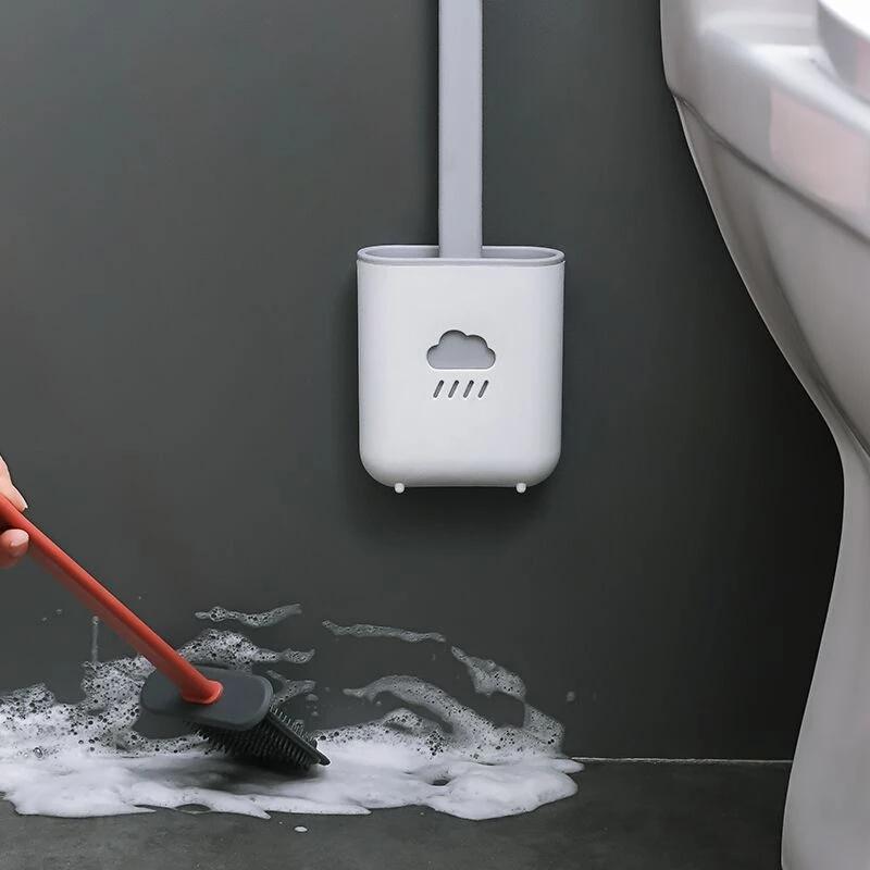 Toilet Brush Wc Gap Brush with Holder Silicone Toilet Brush Hanging Type Flat Head Flexible Bristles Brush Bathroom Accessories