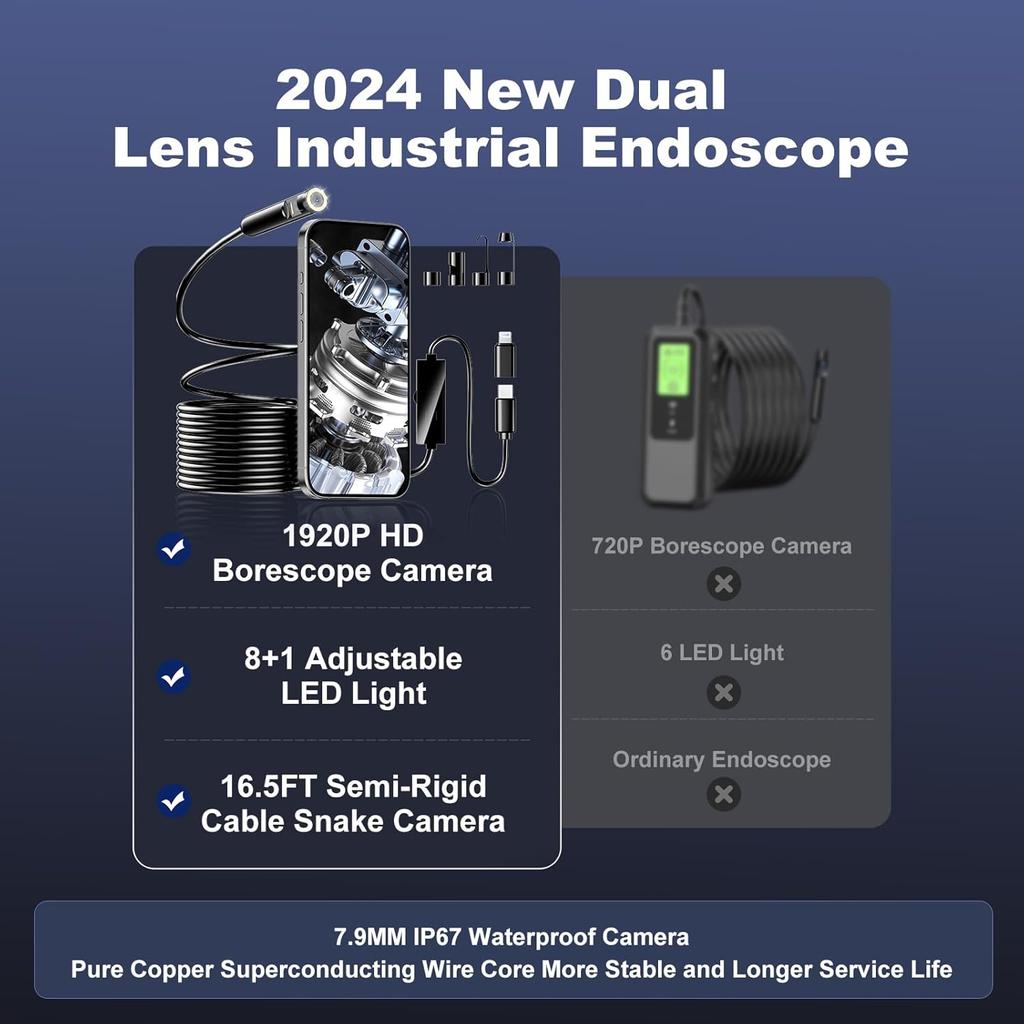 [Dual-Lens] Endoscope Camera with Light, 1920P HD Borescope with 8+1 Adjustable LED Lights, IP67 Waterproof Endoscope with 16.5ft Semi-Rigid Cable