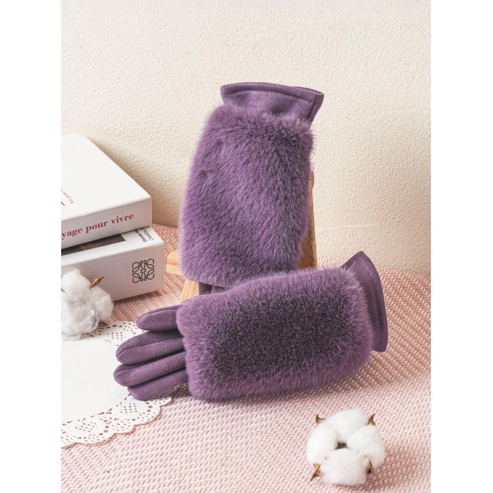 Daiso Detachable Fur Women Gloves Purple