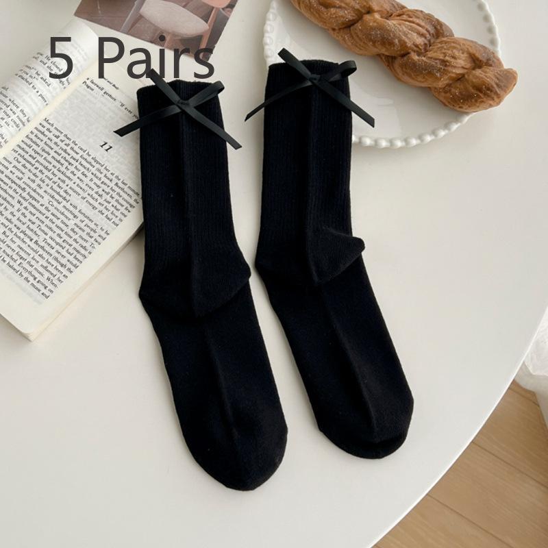 5 Pairs of Women's Bow Tie Versatile Mid Calf Stacking Socks