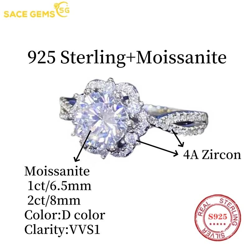 SACE GEMS GRA Certified D Color 1-2ct Moissanite Ring 925 Sterling Silver Plated with 18k White Gold Ring for Women Fine Jewelry