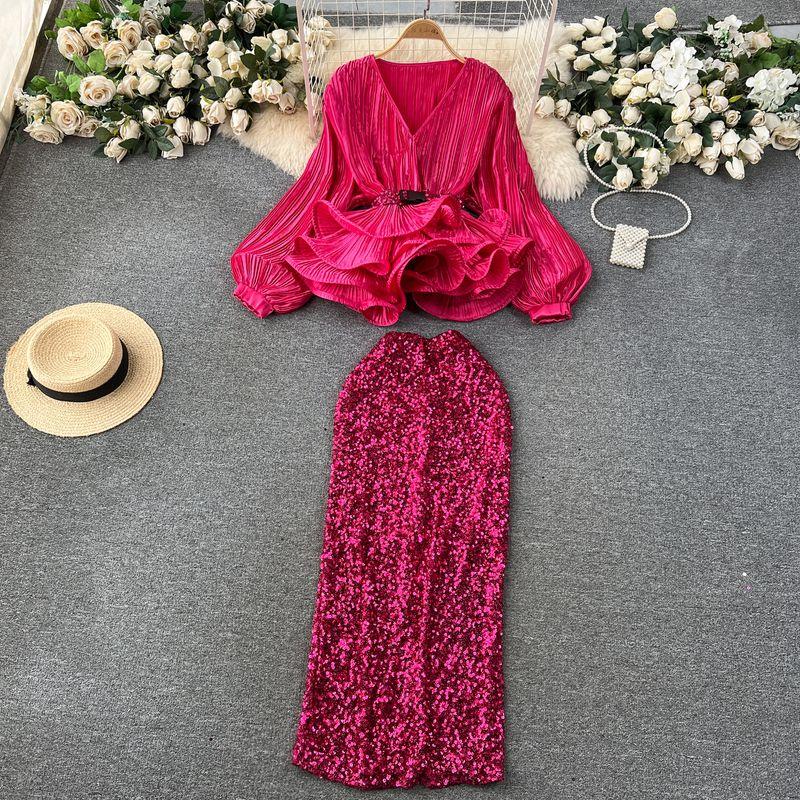 

Adult Lady like Woman Western Style Suit Ruffles Ruched Sequin Tops Rose Red One size
