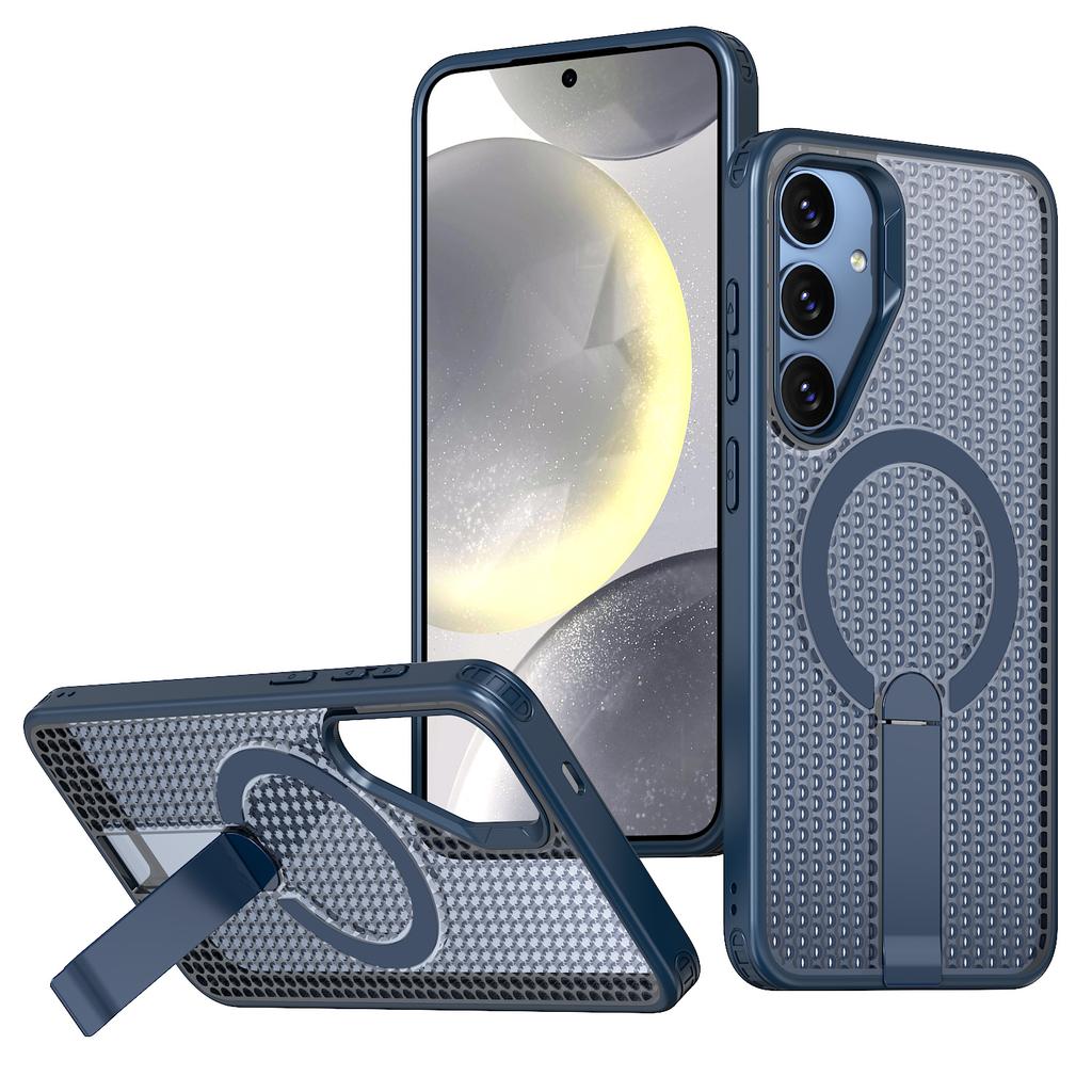 For Samsung Galaxy S25 FE Magnetic Case Kickstand Grid Texture TPU PC Phone Back Cover