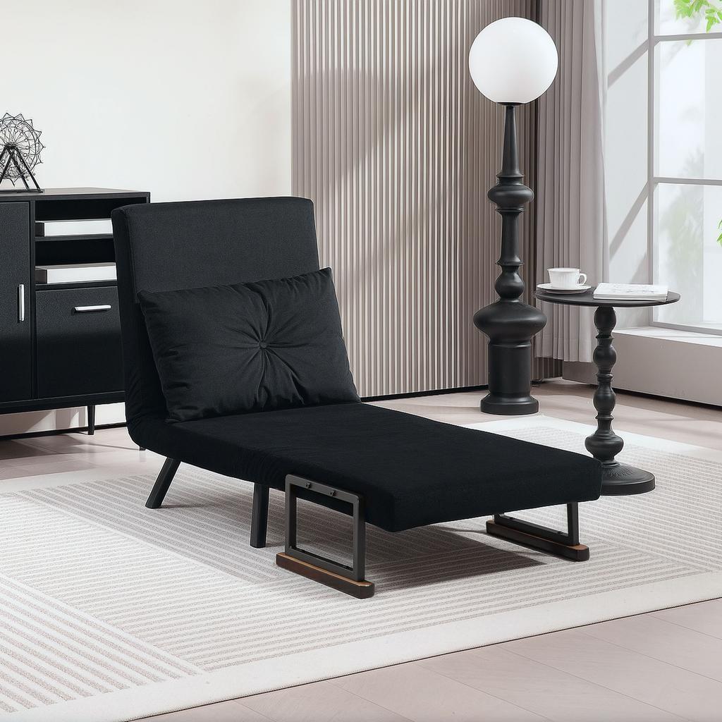 4-in-1 Velvet-Feel Single Chair Bed, with Pillow - Black