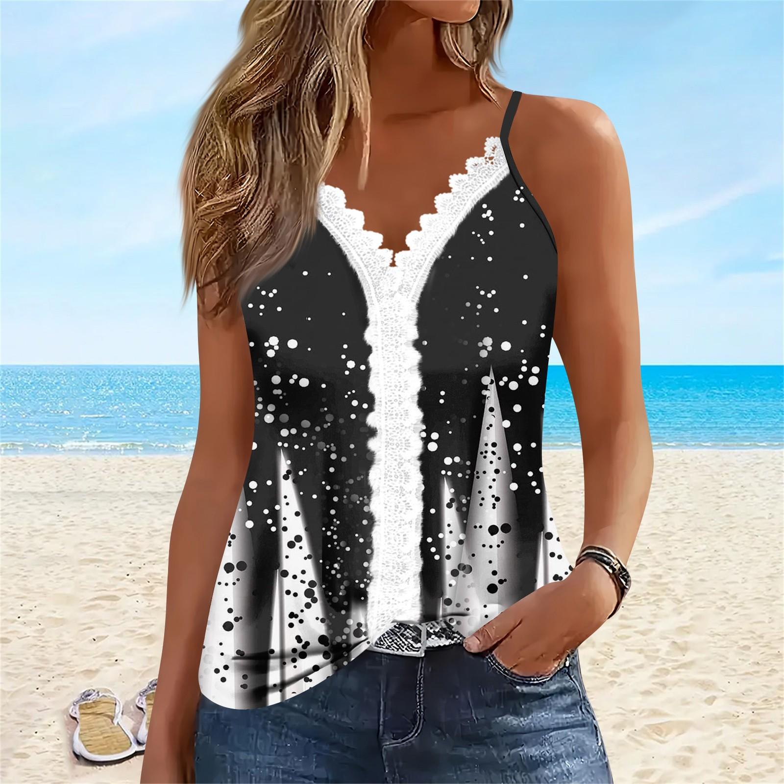 

Женский топ без рукавов, пляжный топ с кружевным вырезом и V-образным вырезом с принтом на бретелях L светло-серый