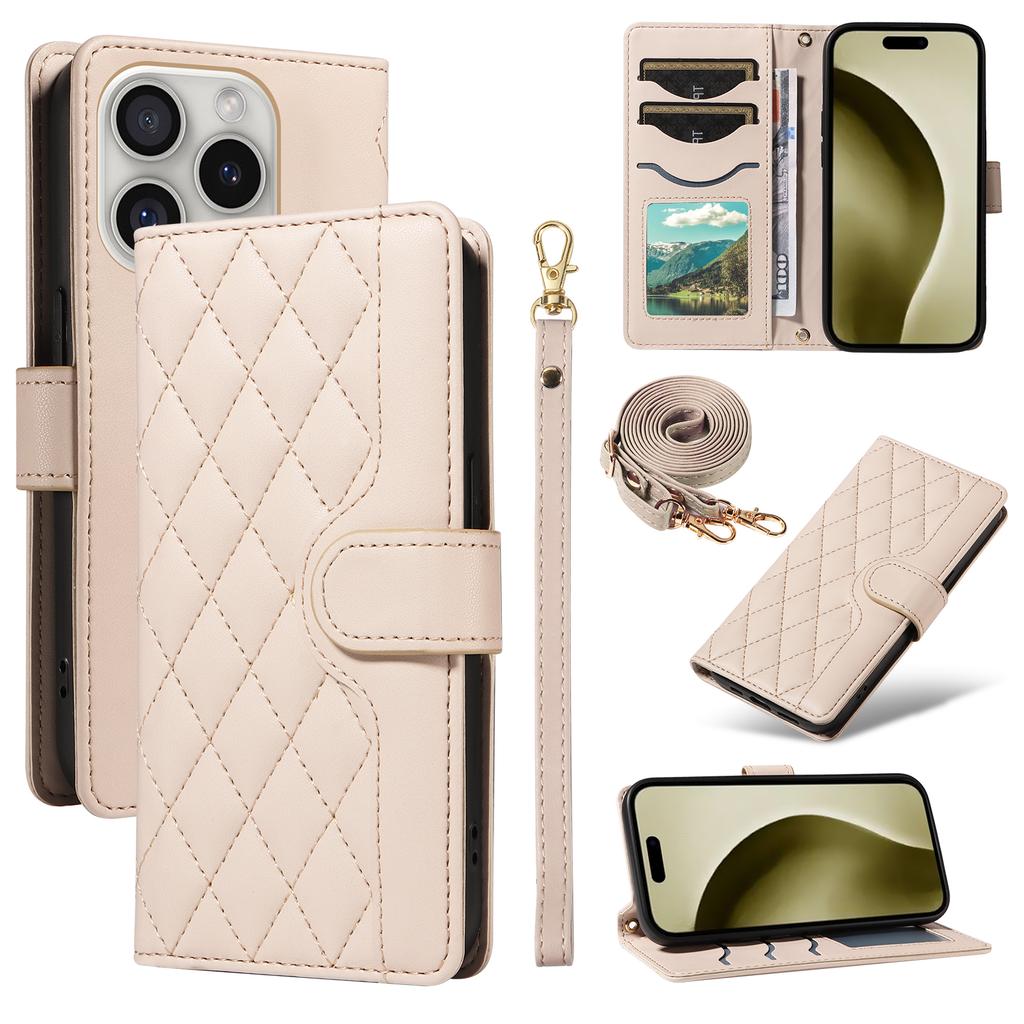 For iPhone 16 Pro Crossbody Case Rhombus Flip Leather Handbag Phone Cover