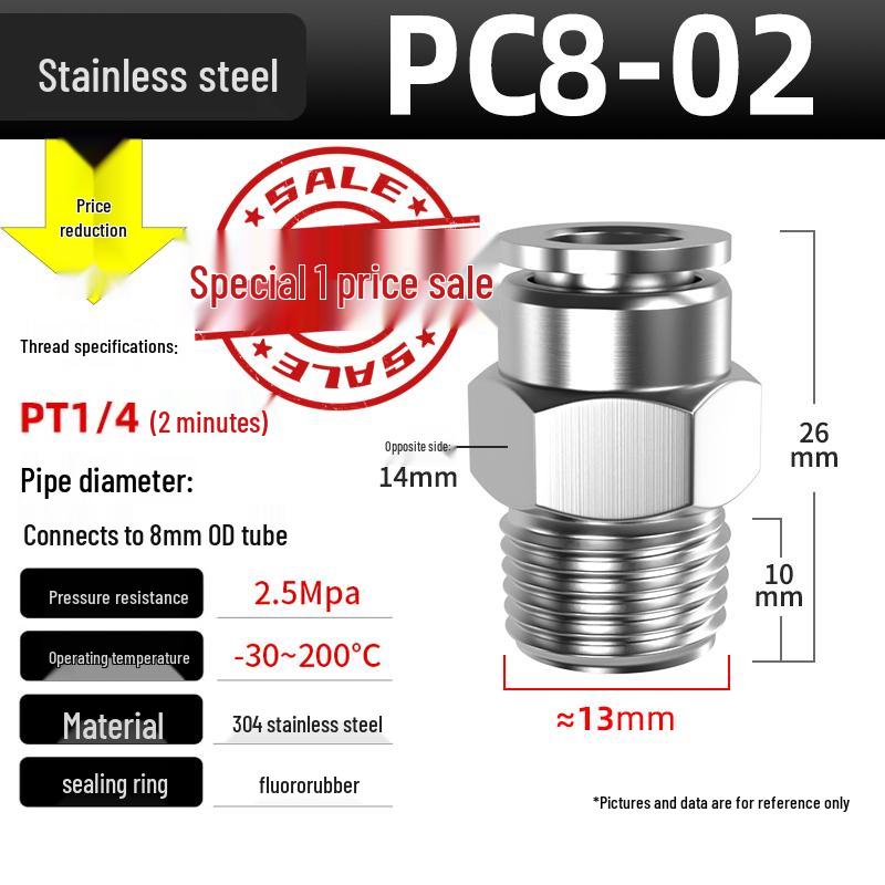 304 Stainless Steel Pneumatic Quick Push-in Connector, PC16-06/PC8-02 Swivel Elbow, PL6-M5/04