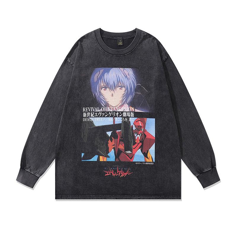 Trendy Brand Harajuku Y2K Cartoon Print Washed Long-Sleeved T-Shirt Men'S Oversize Retro Couple Bottoming Top