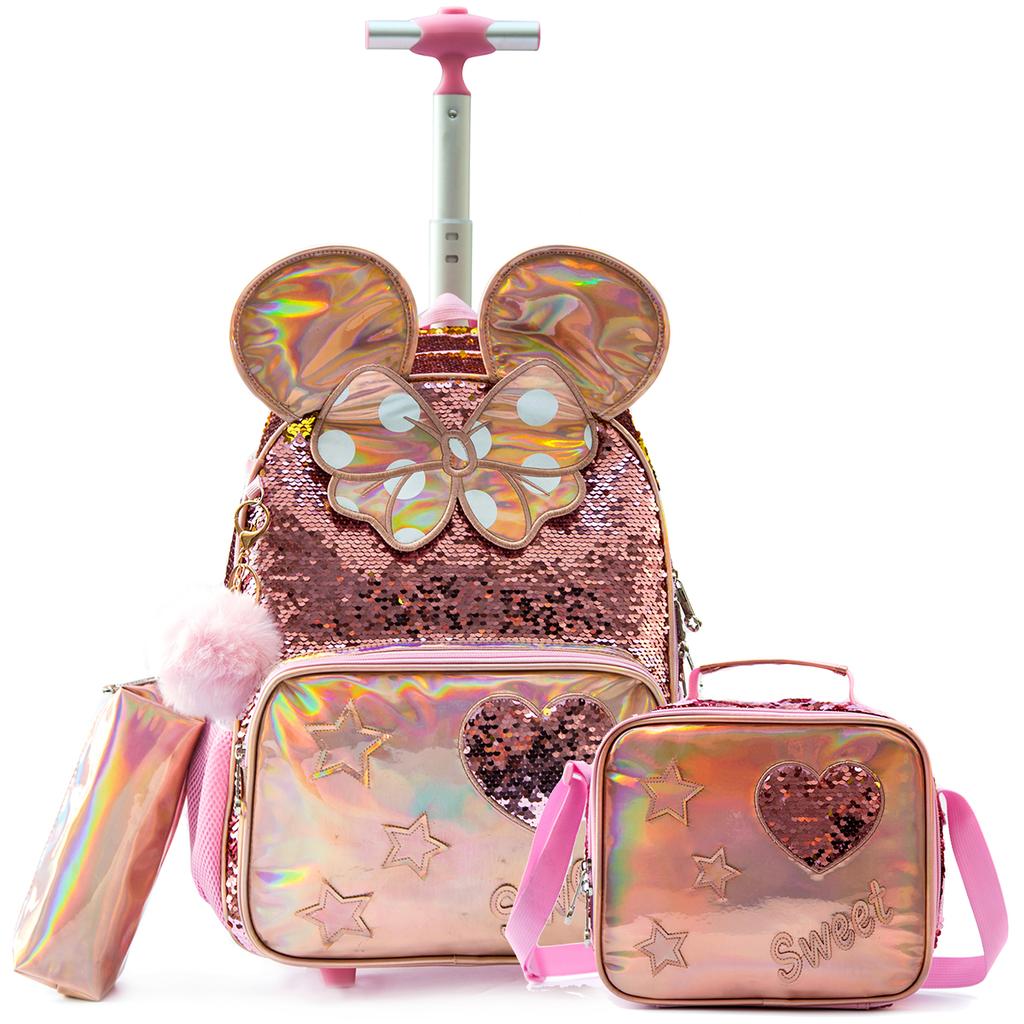 Mädchen Rollrucksack mit Rädern für Kinder Schulkoffer Roller Rucksack Handgepäck Reisegepäck mit Brotdose und Federmäppchen für Mädchen im Alter von 5-12 Jahren