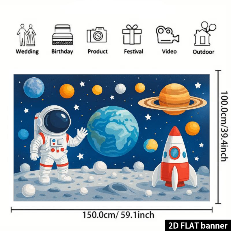 2D Planar Dreamy Space Astronaut Background Fabric. Astronaut + Planetary Rocket + Star Decorations Polyester