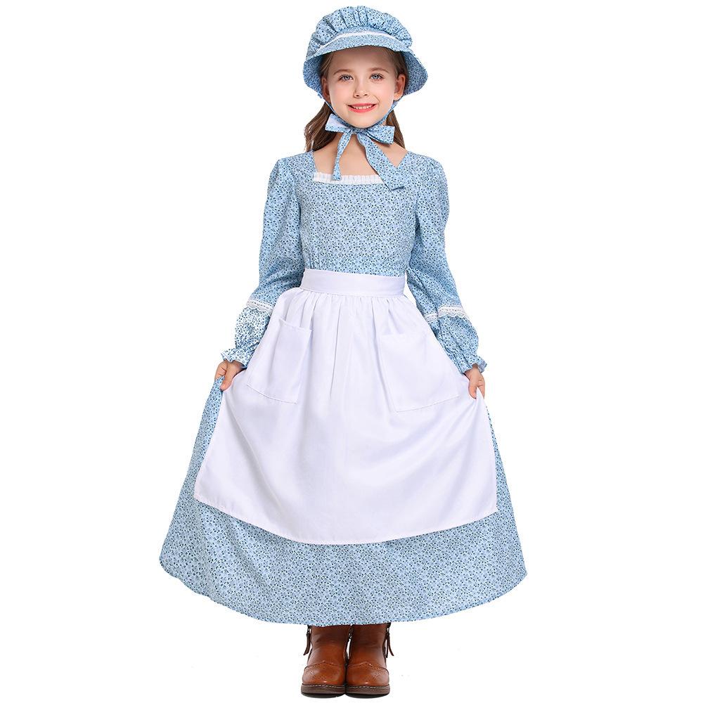 Pink-Blue Floral Pastoral Style Long Skirt for Girls Extra Small