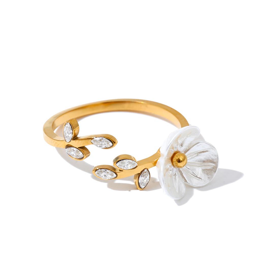 Yhpup Fashion Stainless Steel Zirconia Resin Flower Ring 18K Golden PVD Plated Exquisite Finger Jewelry Wholesale resizable