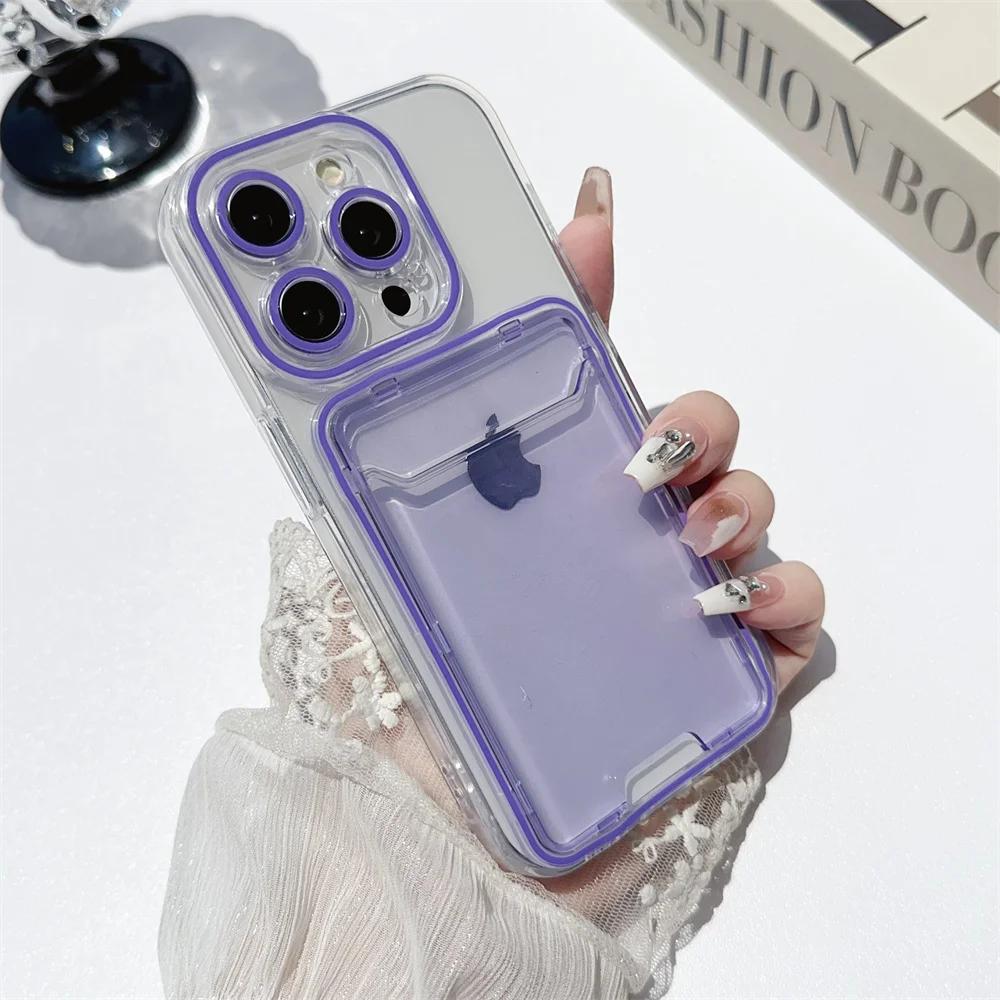 Card Holder Transparent Case for iPhone 15 14 13 16 17 Pro Max Air Plus 11 12 Double Color Wallet Soft Shockproof Cover