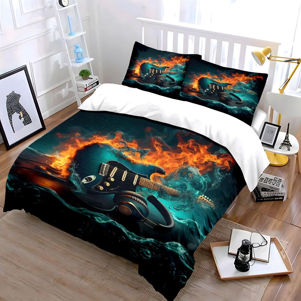Cool electric guitar with fire and water Print Soft Comfortable Duvet Cover Bedding Set Included 1*Duvet Cover 2*Pillowcases