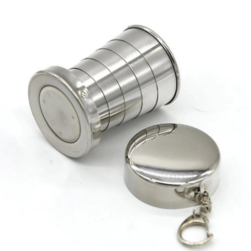 1Pc 75ML Stainless Steel Folding Cup Keychain Stainless Steel Folding Retractable Cup Teacups Teaware Folding Glass