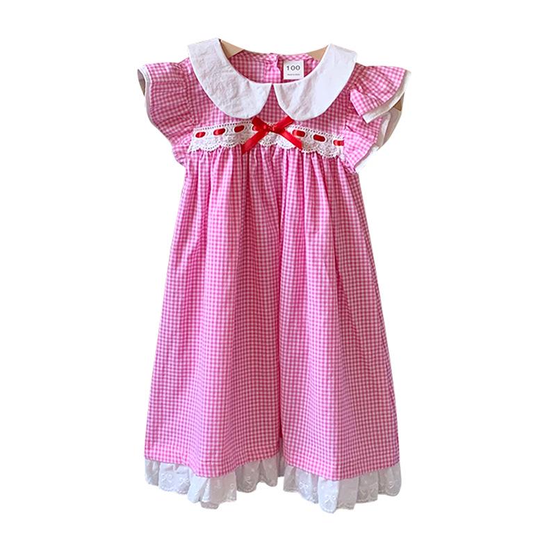 Plaid Princess Dress with French Doll Collar, Lace Trim, Flutter Sleeves, Bow, Summer 2026 Style for Girls.