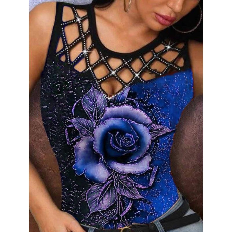 women's Rhinestone Hollow Out 3D Rose Print Slim Fit Tank Top Sleeveless Casual Camisole Top