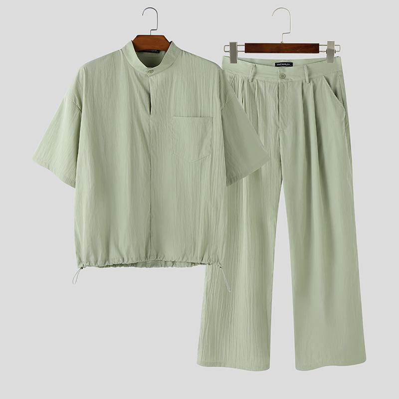 

INCERUN Two Pieces Men Summer Short Sleeve T-shirts Long Pants Flimsy Sets Suits S зелёный
