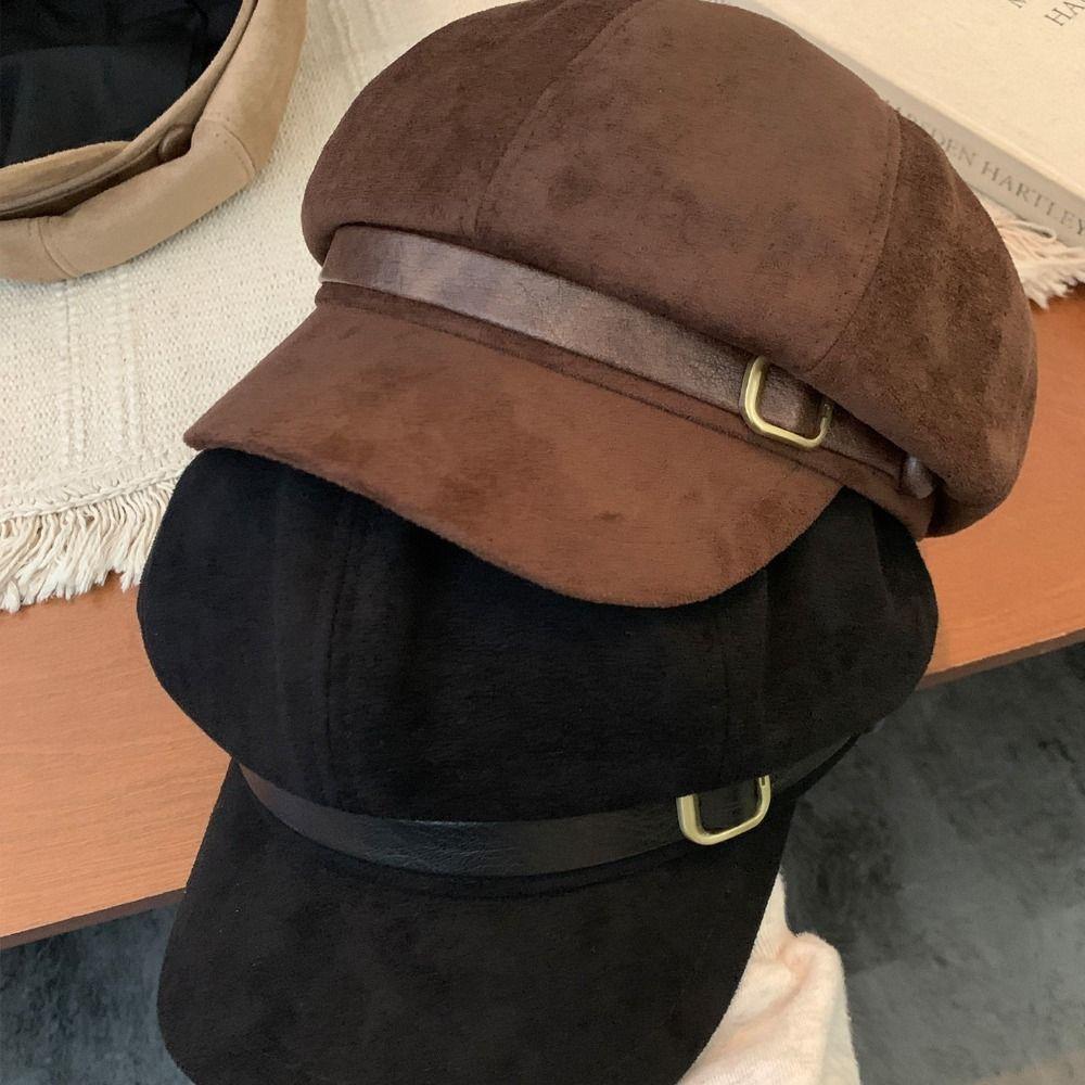 Belt Buckle Suede Octagonal Hat British Style Painter Hat Fashion Pu Leather Beret Travel