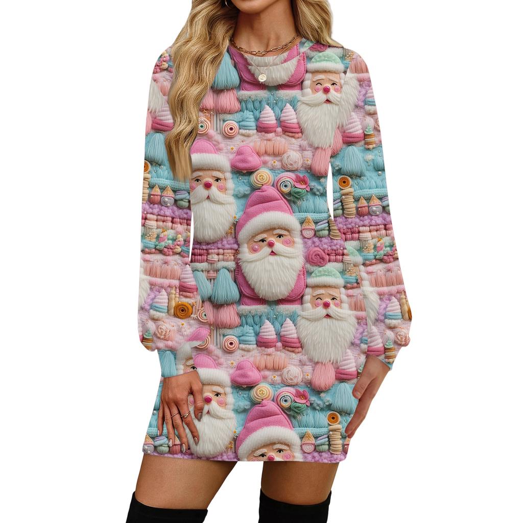 Damenmode Lässig Weihnachts-Print Rundhals Langarm Kleid