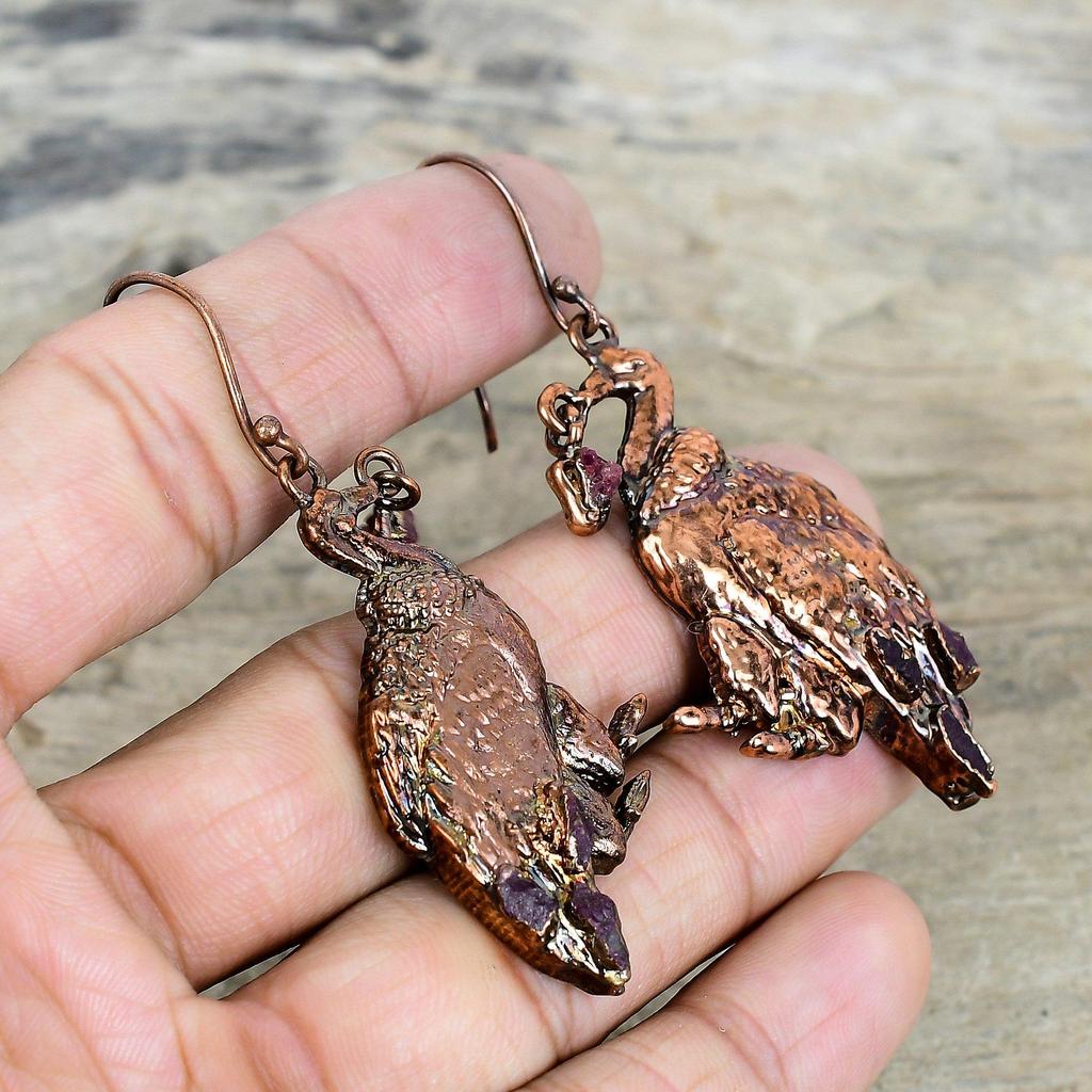 Pink Tourmaline Rough Gemstone Earring Electroformed Copper Earring Peacock Earrings Copper Jewelry Gifts for Mom Handmade Brand New Earring