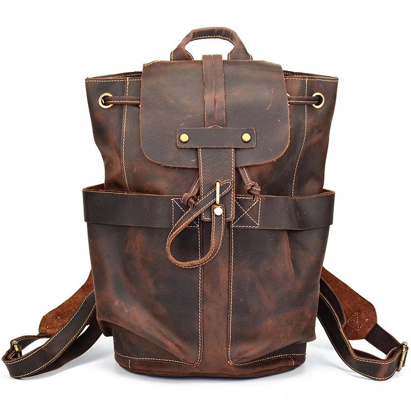 Men'S Leather Backpack Crazy Horse Leather Men'S Backpack Flip Strap Backpack Student School Bag