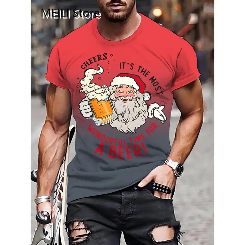 Camiseta Masculina Papai Noel Estampa Gráfica Pulôver Verão Casual Manga Curta Camiseta Engraçada Camisetas Masculinas Natal Roupa Oversized
