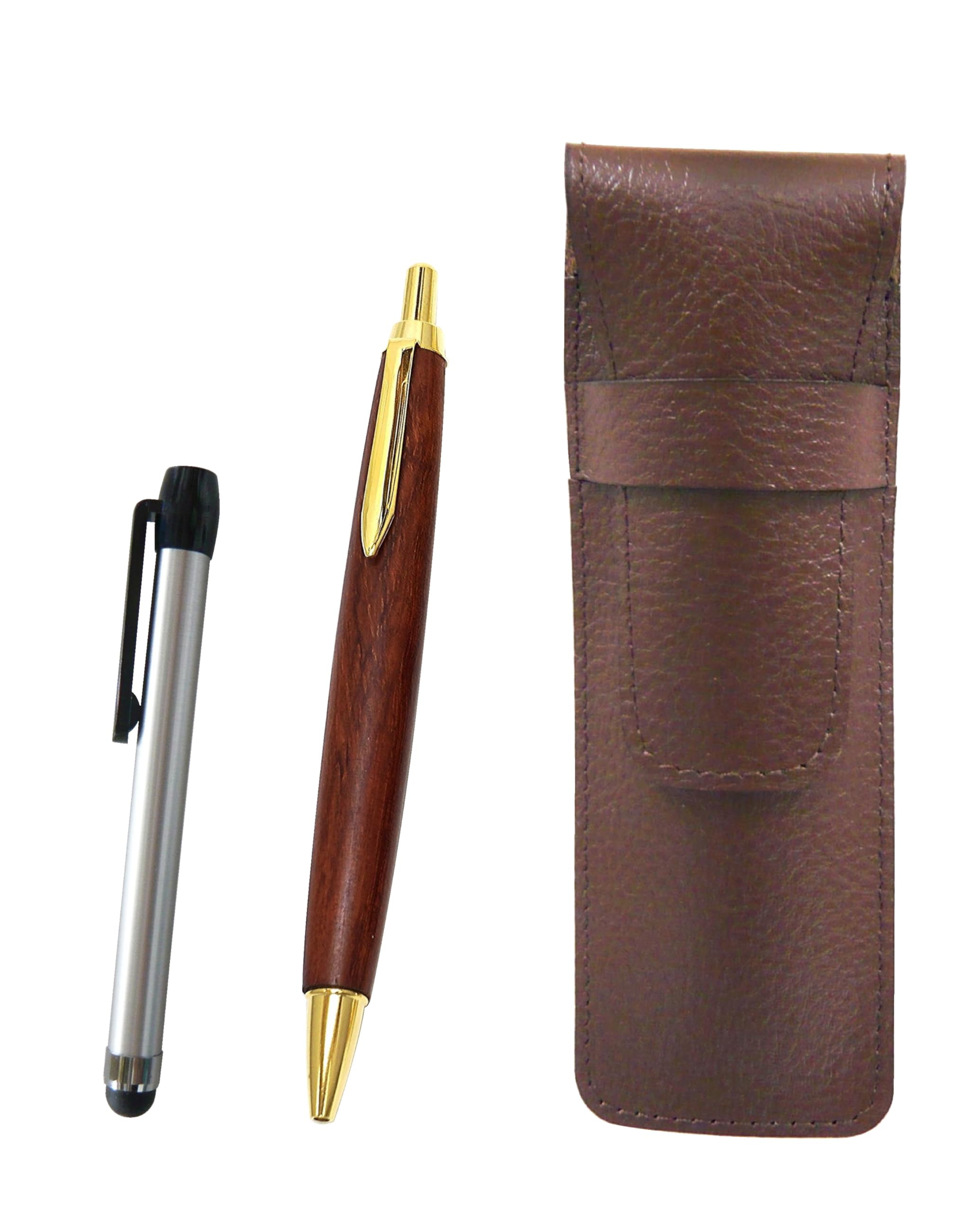 

Grained chocolate color cowhide pencil case Metal touch rod Silver and brown wooden shaft Retro ballpoint pen set SASTYO-ALST-HS48S