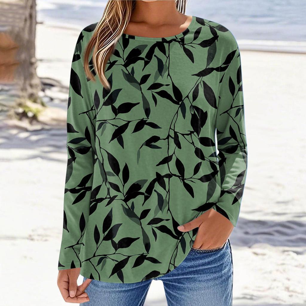 Women's Fashionable Casual Printed Long Sleeved Round Neck Top Round Neck Top Top