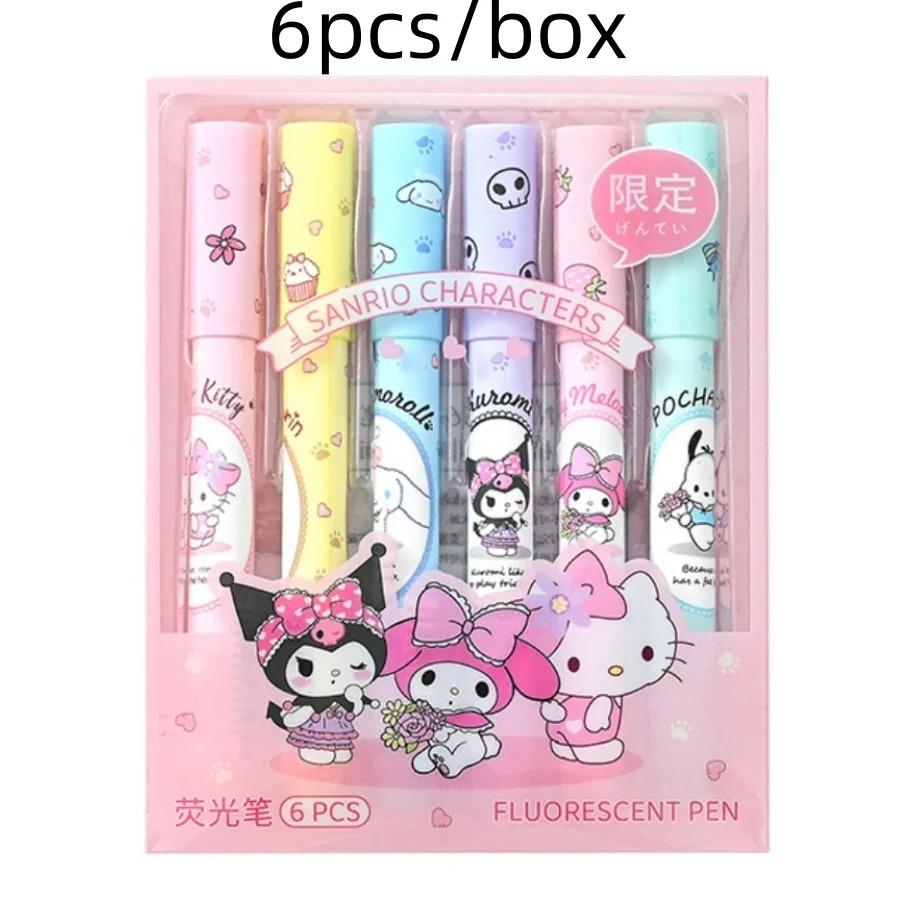 

6Pcs/Box Highlighter Pen Set Kawaii Kuromi Melody Cinnamoroll Art Fluorescent Markers Pens School Stationery For Kids