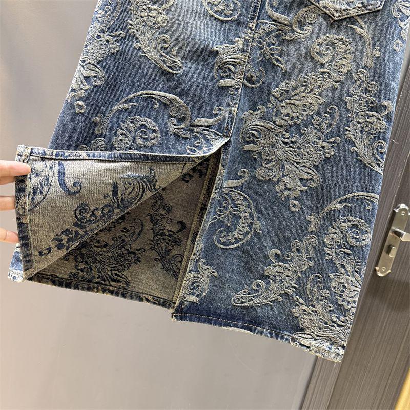 Women's Retro High Waist Jacquard Denim Midi Skirt, 2025 Autumn Collection - Loose, Straight, Hip-Hugging Design