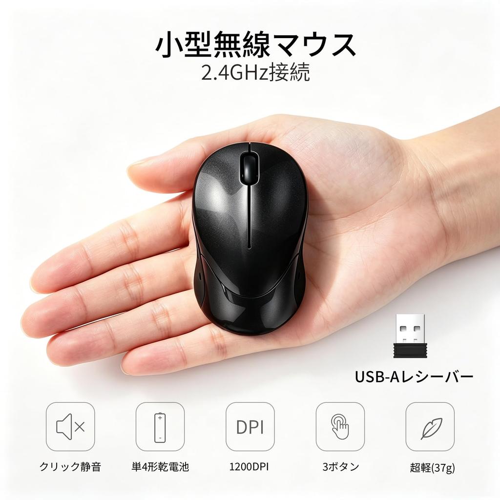 Small Wireless Lightweight Mini Mouse for 3 Battery Silent Black 2.4G Mouse, Kids, Ambidextrous, Buttons, Operated, Clicks, Compact, Built-in USB-A