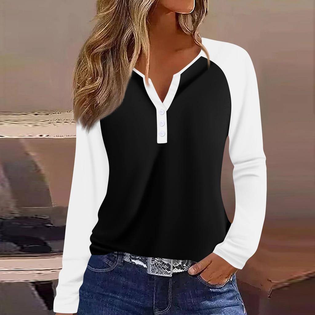 Women's T Shirt Color Block Button Long Sleeve Daily Weekend Fashion Basic V- Neck Regular Top