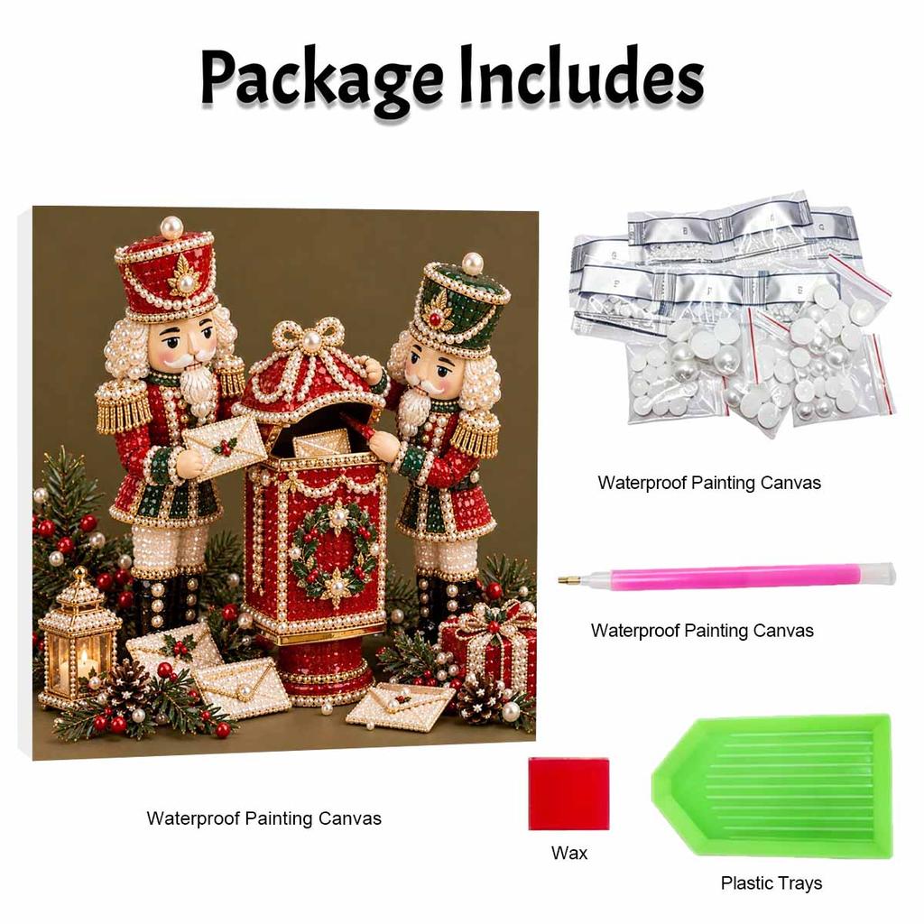 Handmade Framed Pearl Painting Set with Christmas Nutcracker and Letter Box Design 5D Shiny Bead Art Canvas Creative Craft for Holiday Room Decor