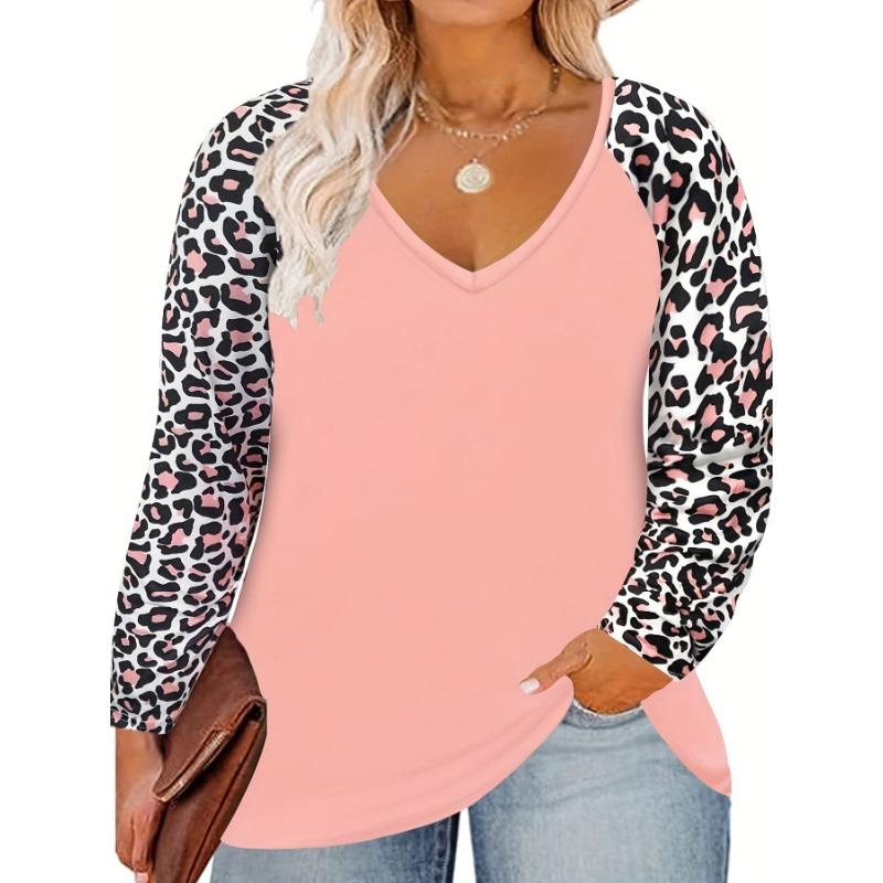 

Плюс Размер Женская мода Новый леопардовый принт Длинный рукав Топ 5XL розовый