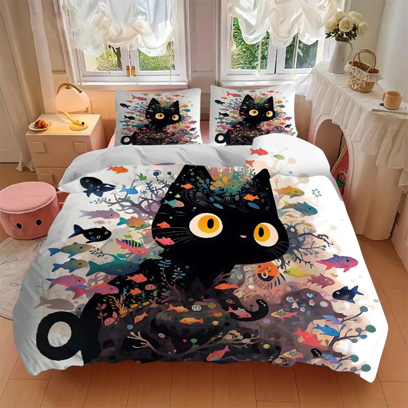 3pcs Colorful Fish & Kitten Printed Bedding Set, Soft and Comfortable Quilt Cover for Bedroom, Guest Room (1 Duvet Cover + 2 Pillowcases, Pi