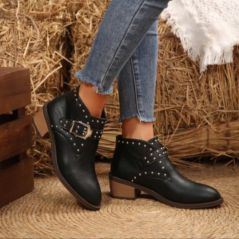 Plus Size Studded Belt Buckle Chelsea Boots 2025 Winter British Style Pointed Toe Mid-heel Martin Boots for Women