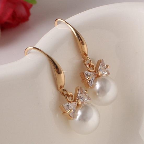 1 Pair Women Hook Earrings Faux Pearl Rhinestone Decor Short Bow Earrings Prom Party Wedding Dangle Earrings Ear Jewelry Drop Earrings