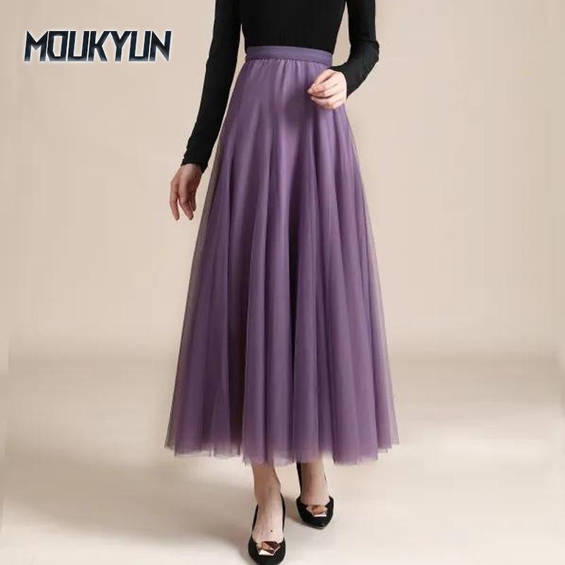 Sommer Elegant Ballett Maxi Skjørt Mesh Skjørt for Kvinner Elastisk Høy Midje Langt Skjørt