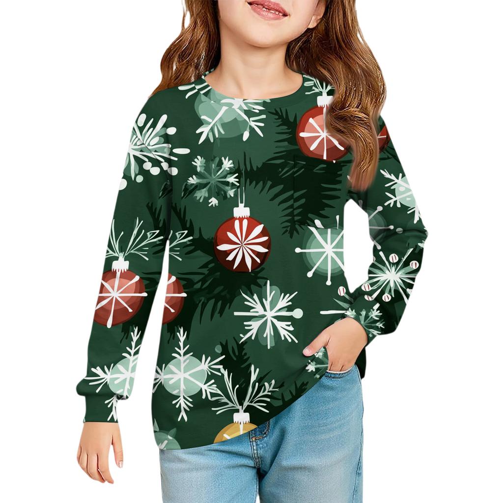 Christmas Day Girls' Long Sleeve Blouse - Round Neck Soft Waist Tunic