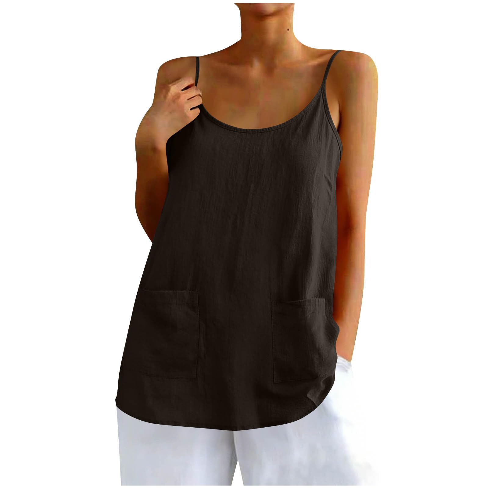 Women Casual Loose Fit Strap Sleeveless Linen Tank Tops With Pockets XL