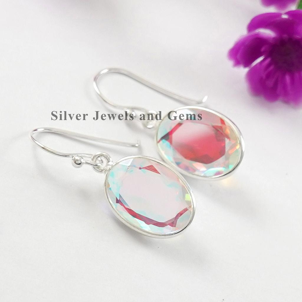 Natural Angel Aura Quartz Earrings, Handmade Earrings, 925 Sterling Silver, Oval Aura Quartz Earrings, Bezel Earring, Dangle Drop Earrings