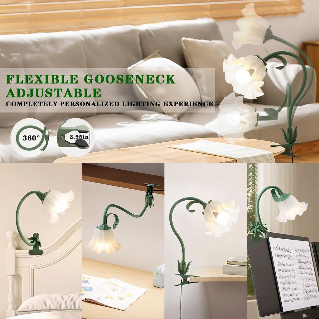 Flower Desk Lamp with Clamp, 3 Color Modes Flower Eye-Caring Clip on Light, Flexible Gooseneck Reading Table Clamp Lamps for Home Office Bedroom
