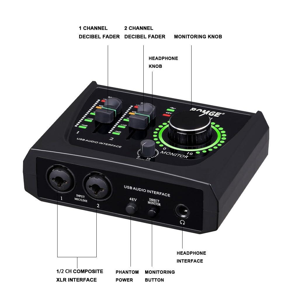BOMGE Mini 2-kanals USB-lydgrensesnitt for opptak, streaming og podcasting med XLR48V Phantom Power, Studio Quality Audio Interface for gitar