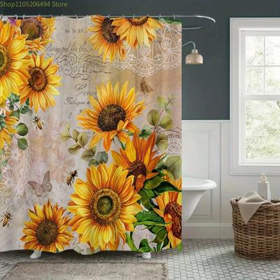 1pc Sunflower and Bee Pattern Shower Curtain, Home Decor Printed Liner No Drill Bathroom Partition