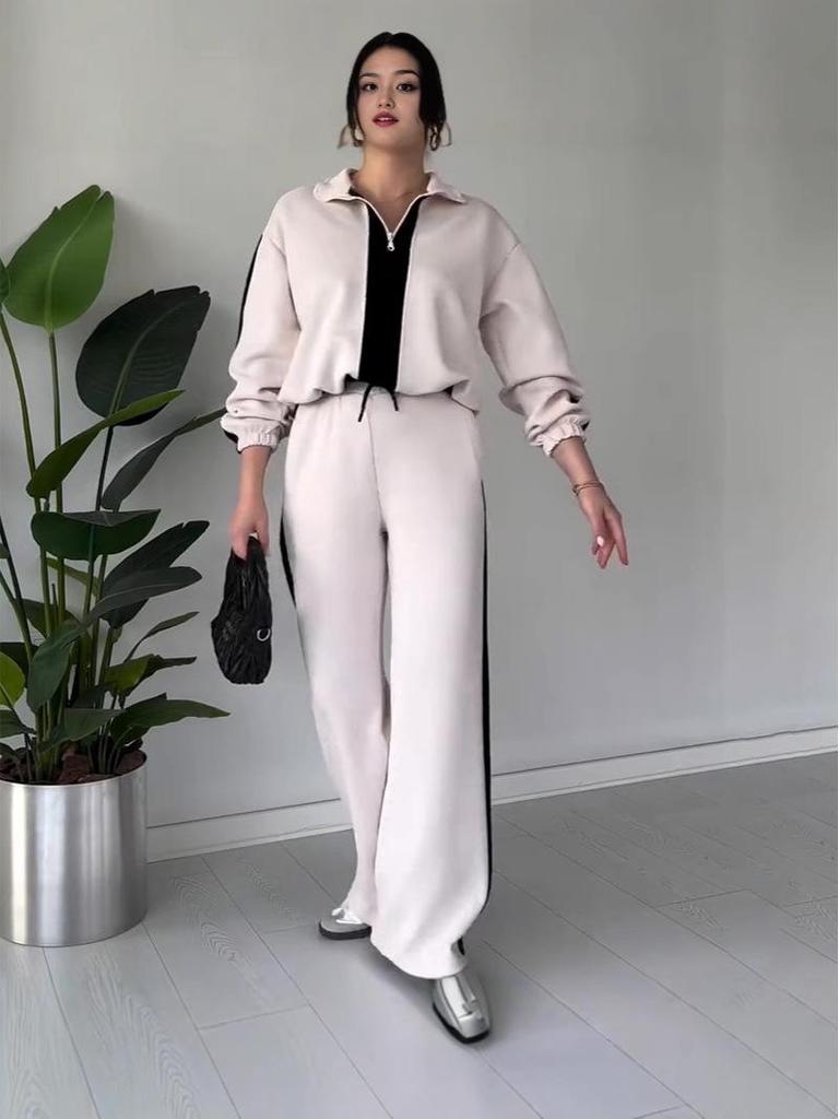 2025 Autumn Women's Fashion Color Block Casual Knitted Two-Piece Set