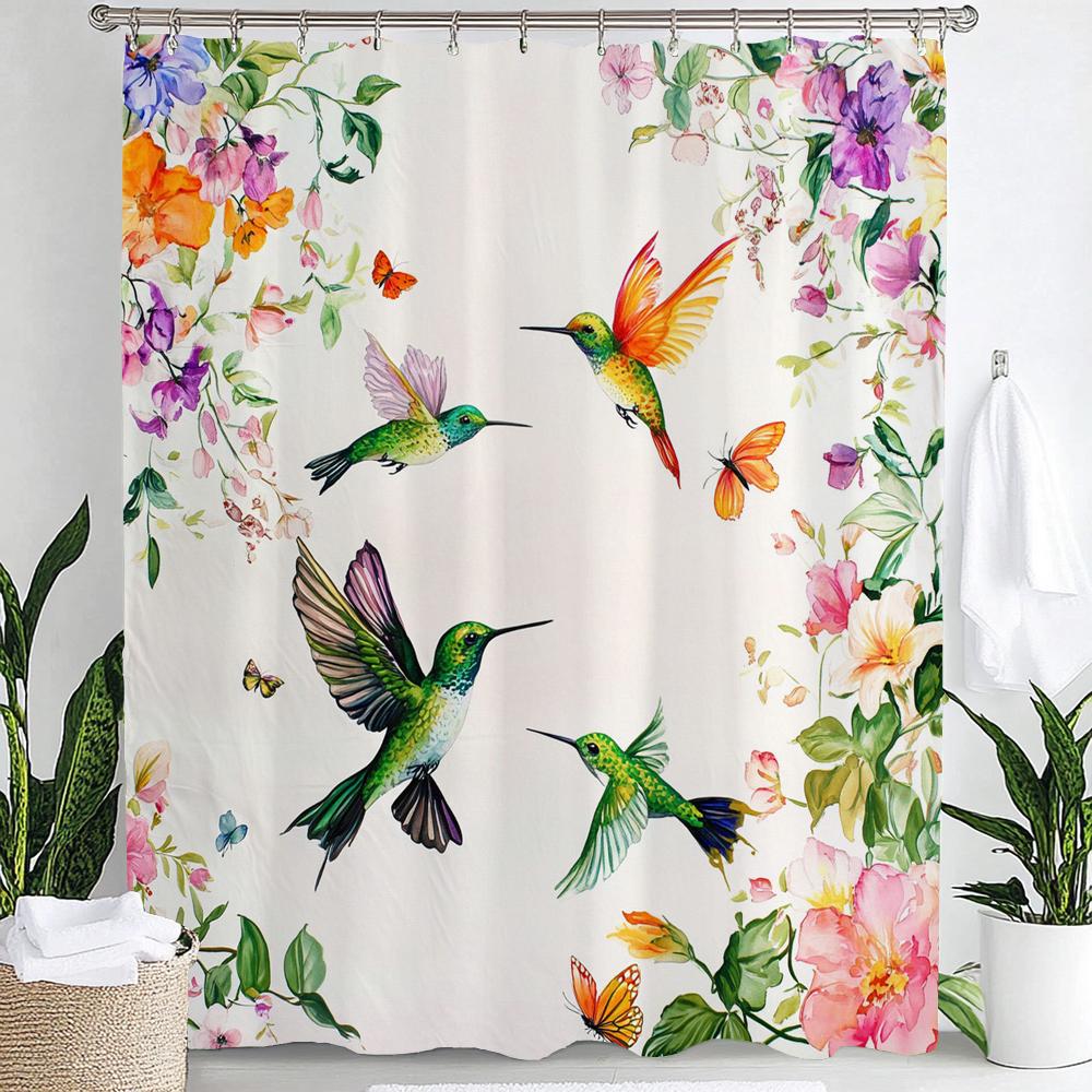 1pc Flowers Hummingbird Shower Curtain: Embrace the Artistic Design, Floral Bathroom Decorative Curtain, Home Curtain with Hooks