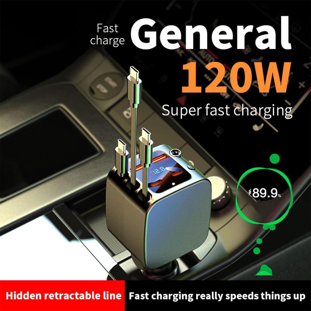 Car Charger With Retractable Cables Fast Charging 2 USB Ports Auto Supplies With Starlight Car Charging Port For Daily Commute